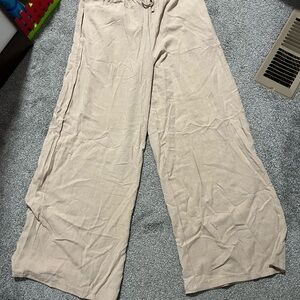 Amazon Wide Leg Linen Pants in Light Beige with Drawstring Waist and Pockets